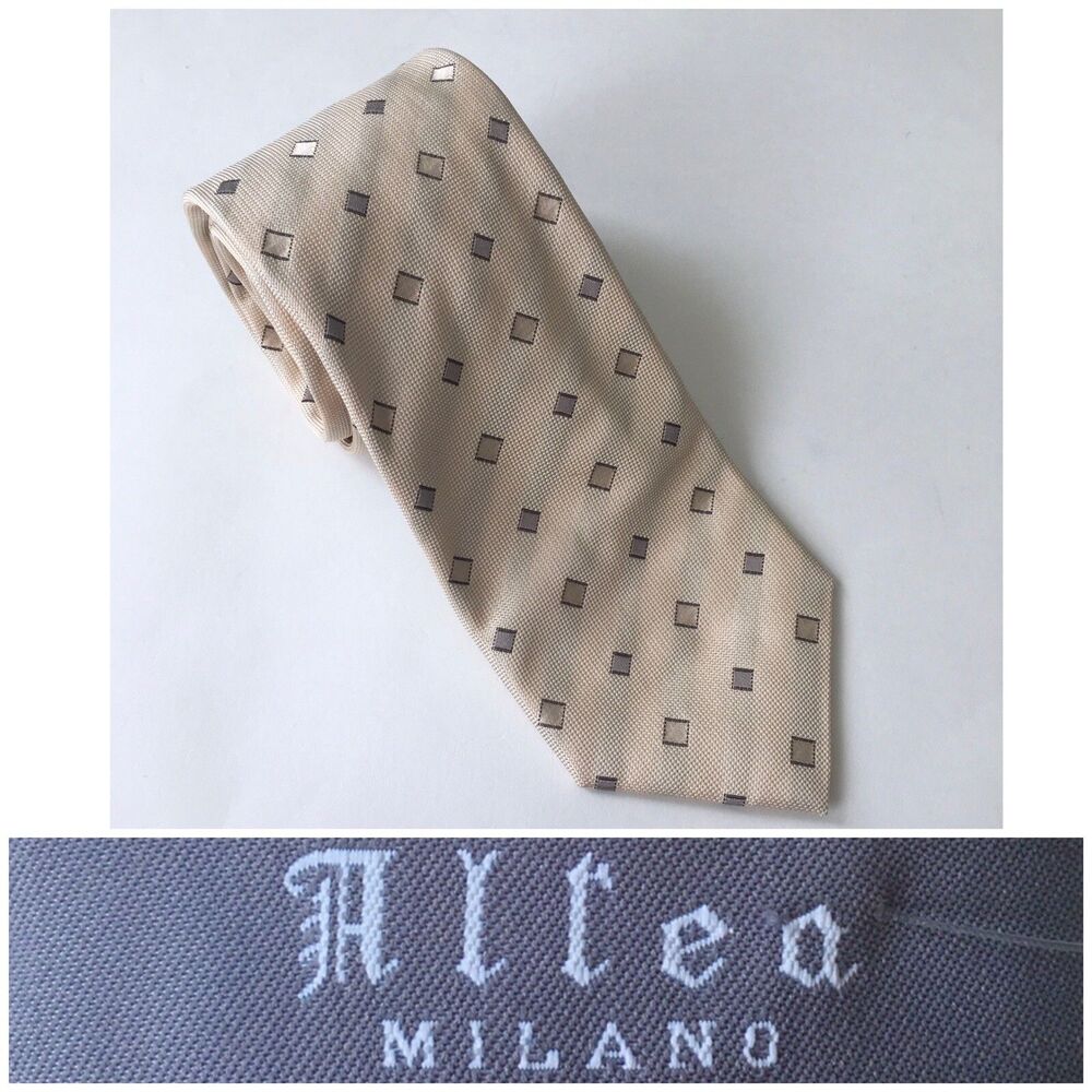 Allea Milano Beige Gray Pure Silk Necktie Tie Diamond Pattern New With Tags
